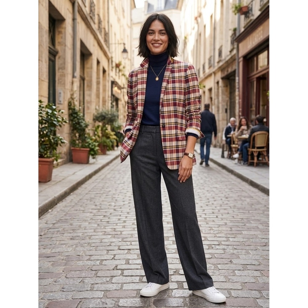J.Crew Regent Blazer Size 0 Red Navy Yellow Plaid Cotton Tailored Jacket